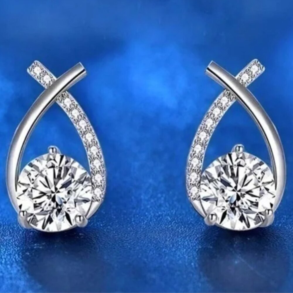 Crossed Waterdrop Silver Plated Stainless Steel & Lab Created Diamond Earrings